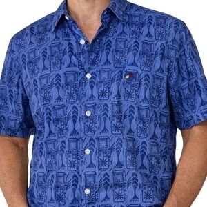 Tommy Hilfiger Vintage Hawaiian Shirt M Blue Nautical Fish Print 100% Cotton 90s